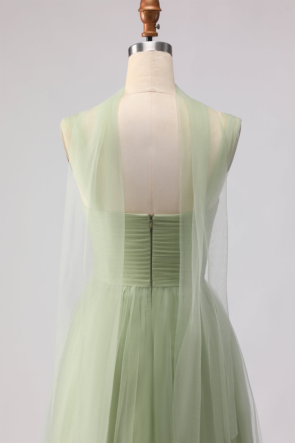 Dusty Sage Neck Scarf A Line Long Tulle Bridesmaid Dress