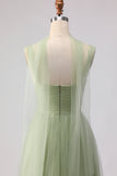 Dusty Sage Neck Scarf A Line Long Tulle Bridesmaid Dress