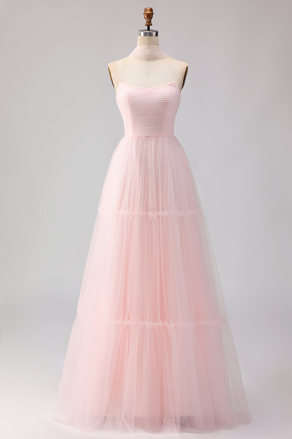 Blush Pink Neck Scarf A Line Tulle Long Bridesmaid Dress