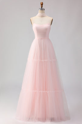 Blush Pink Neck Scarf A Line Tulle Long Bridesmaid Dress