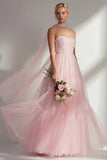 Blush Pink Neck Scarf A Line Tulle Long Bridesmaid Dress