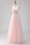 Blush Pink Neck Scarf A Line Tulle Long Bridesmaid Dress