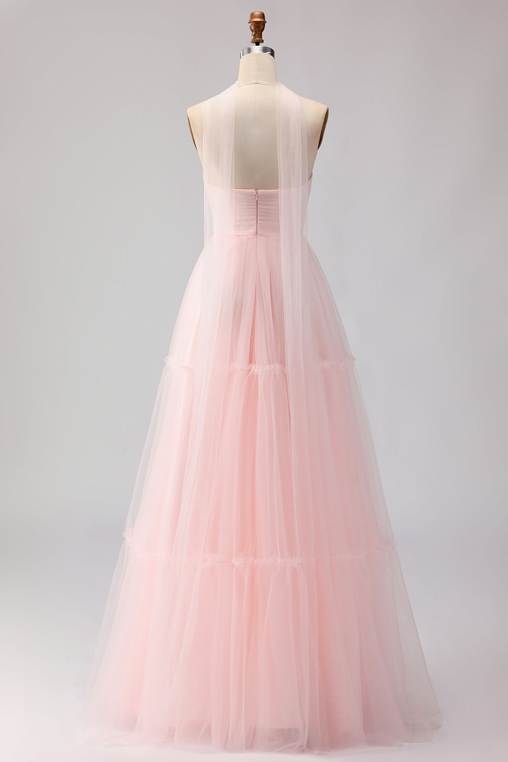 Blush Pink Neck Scarf A Line Tulle Long Bridesmaid Dress