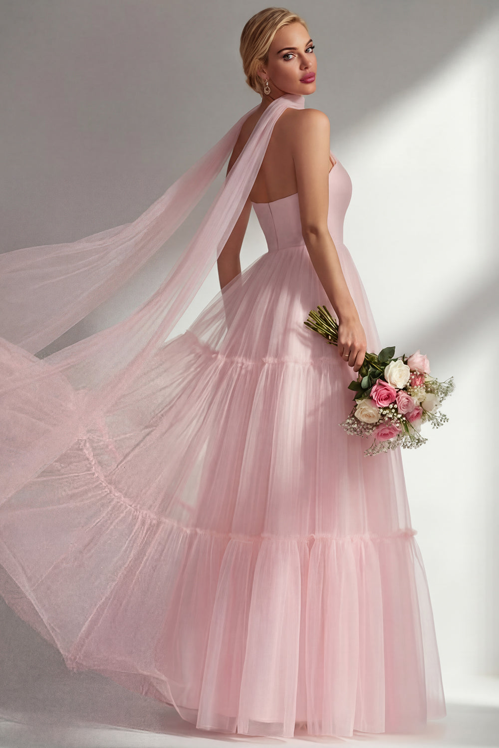 Blush Pink Neck Scarf A Line Tulle Long Bridesmaid Dress