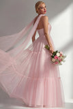 Blush Pink Neck Scarf A Line Tulle Long Bridesmaid Dress