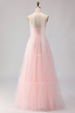 Blush Pink Neck Scarf A Line Tulle Long Bridesmaid Dress