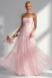 Blush Pink Neck Scarf A Line Tulle Long Bridesmaid Dress