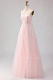 Blush Pink Neck Scarf A Line Tulle Long Bridesmaid Dress