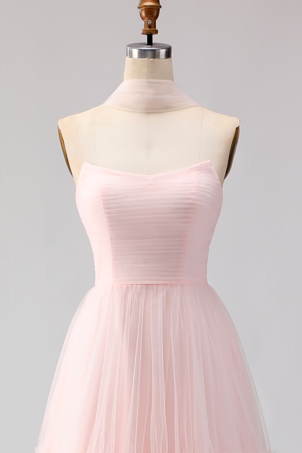 Blush Pink Neck Scarf A Line Tulle Long Bridesmaid Dress