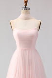 Blush Pink Neck Scarf A Line Tulle Long Bridesmaid Dress
