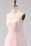 Blush Pink Neck Scarf A Line Tulle Long Bridesmaid Dress