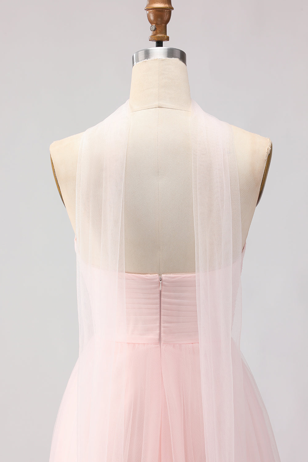 Blush Pink Neck Scarf A Line Tulle Long Bridesmaid Dress