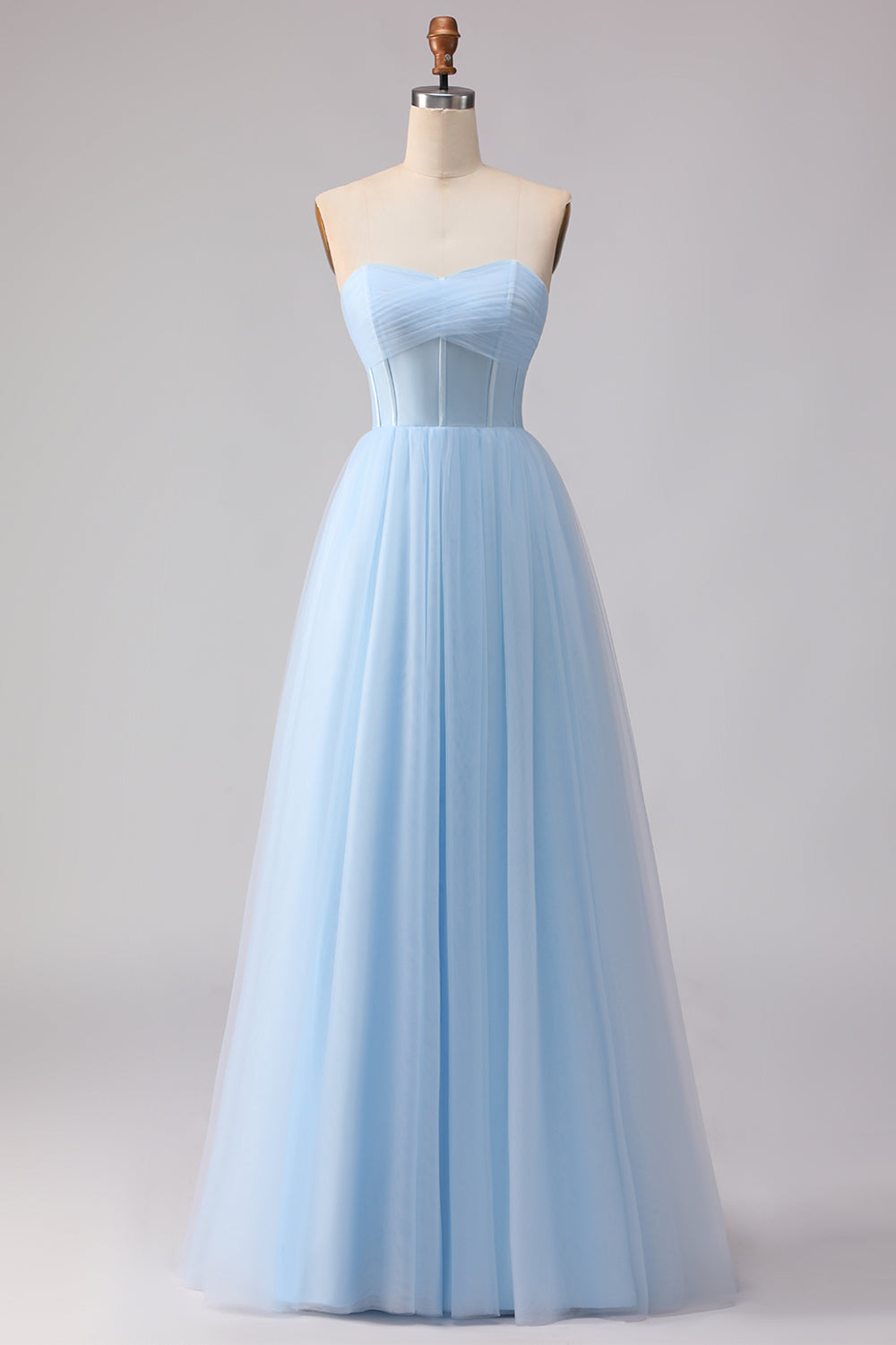 Sky Blue A Line Tulle Sweetheart Long Corset Bridesmaid Dress