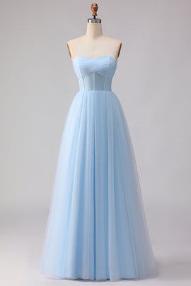 Sky Blue A Line Tulle Sweetheart Long Corset Bridesmaid Dress