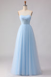 Sky Blue A Line Tulle Sweetheart Long Corset Bridesmaid Dress