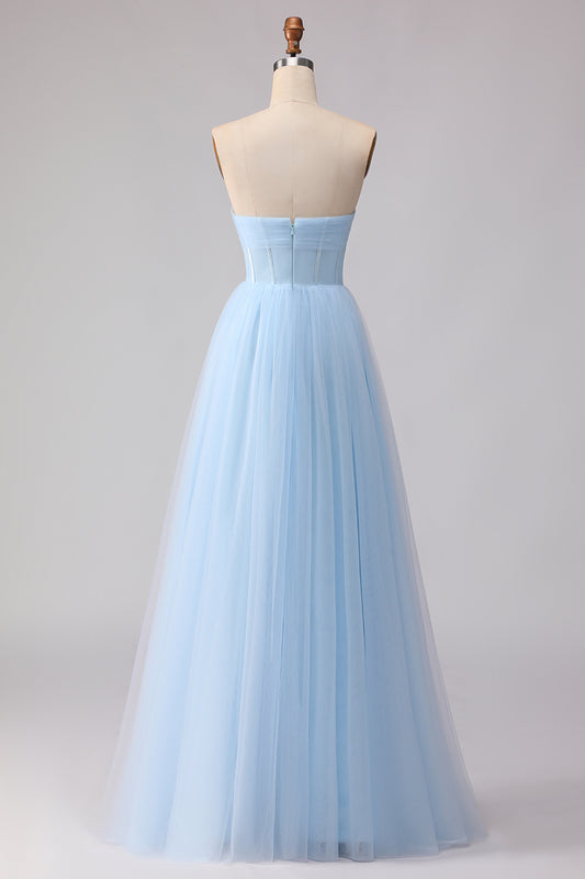 Sky Blue A Line Tulle Sweetheart Long Corset Bridesmaid Dress