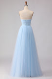 Sky Blue A Line Tulle Sweetheart Long Corset Bridesmaid Dress