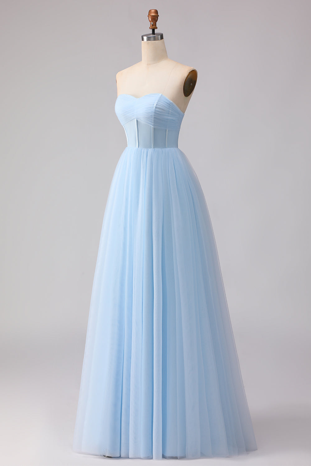 Sky Blue A Line Tulle Sweetheart Long Corset Bridesmaid Dress