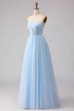 Sky Blue A Line Tulle Sweetheart Long Corset Bridesmaid Dress