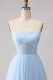 Sky Blue A Line Tulle Sweetheart Long Corset Bridesmaid Dress