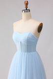 Sky Blue A Line Tulle Sweetheart Long Corset Bridesmaid Dress