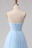 Sky Blue A Line Tulle Sweetheart Long Corset Bridesmaid Dress
