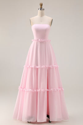 Blush Pink Chiffon A Line Strapless Long Bridesmaid Dress with Slit