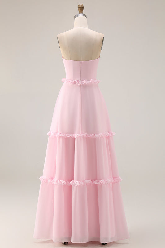 Blush Pink Chiffon A Line Strapless Long Bridesmaid Dress with Slit