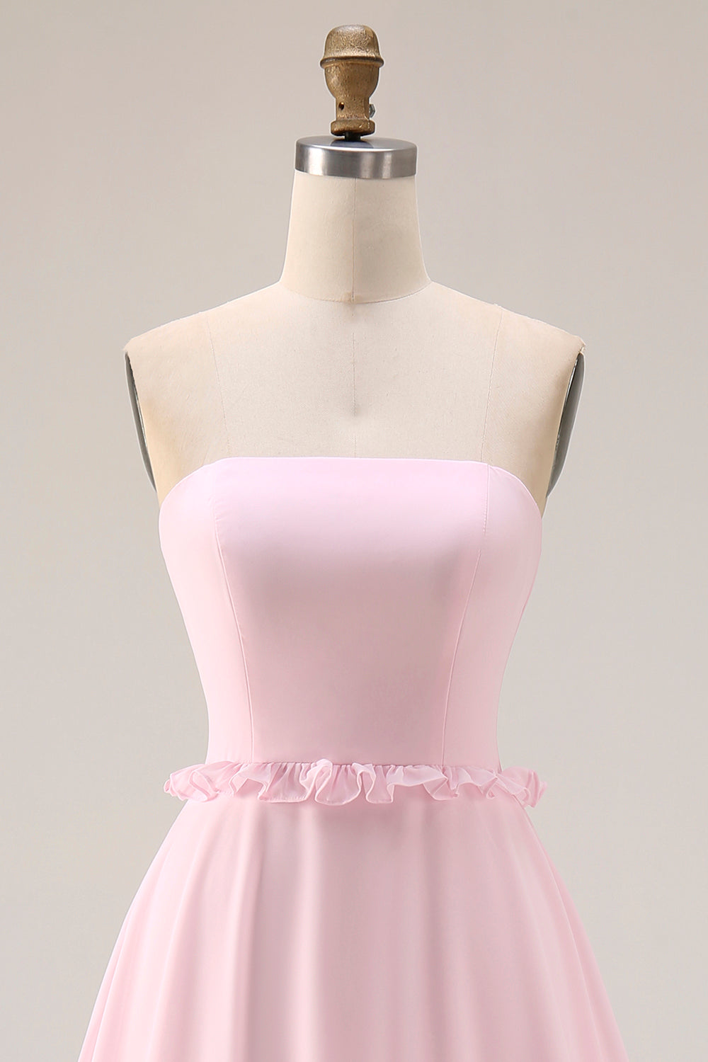 Blush Pink Chiffon A Line Strapless Long Bridesmaid Dress with Slit