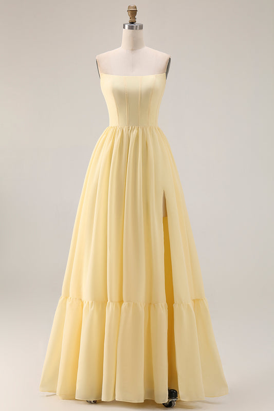 Yellow A Line Strapless Long Corset Bridesmaid Dress with Slit
