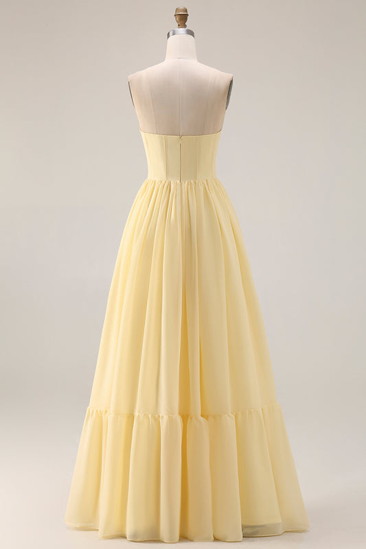 Yellow A Line Strapless Long Corset Bridesmaid Dress with Slit