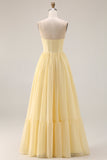 Yellow A Line Strapless Long Corset Bridesmaid Dress with Slit