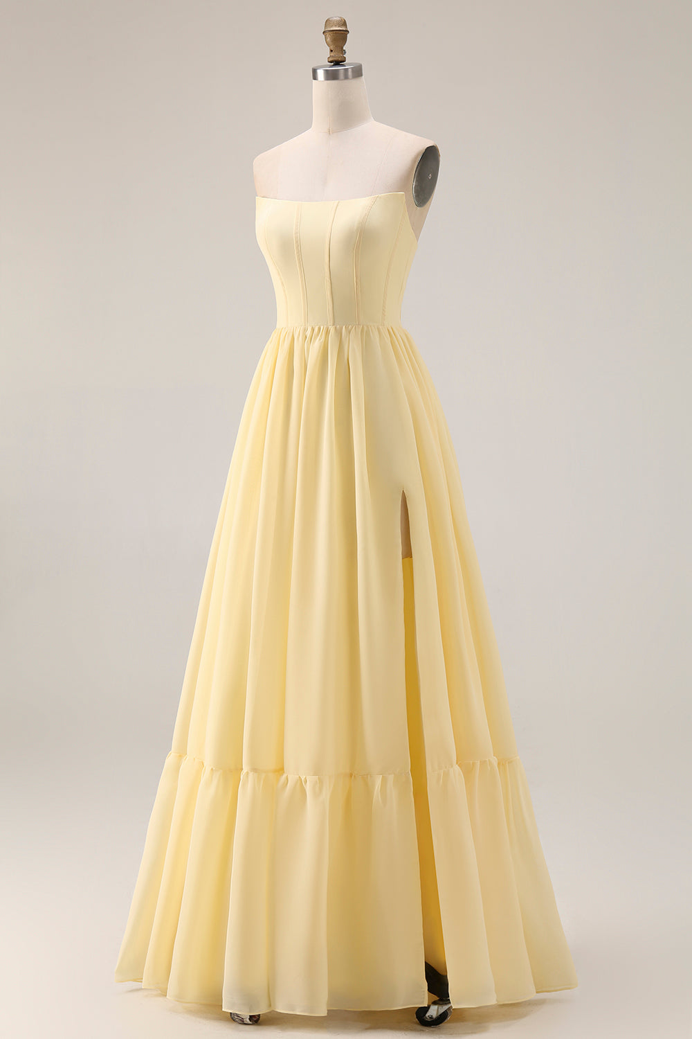 Yellow A Line Strapless Long Corset Bridesmaid Dress with Slit