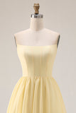 Yellow A Line Strapless Long Corset Bridesmaid Dress with Slit