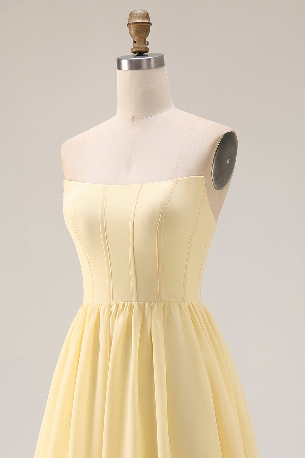 Yellow A Line Strapless Long Corset Bridesmaid Dress with Slit