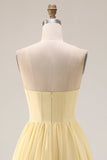 Yellow A Line Strapless Long Corset Bridesmaid Dress with Slit