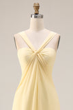 Yellow Chiffon Ruched A Line Convertible Wear Backless Long Bridesmaid Dress