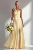 Yellow Chiffon Ruched A Line Convertible Wear Backless Long Bridesmaid Dress