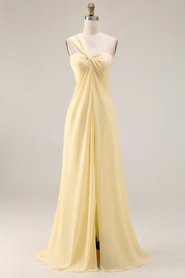 Yellow Chiffon Ruched A Line Convertible Wear Backless Long Bridesmaid Dress