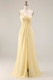 Yellow Chiffon Ruched A Line Convertible Wear Backless Long Bridesmaid Dress