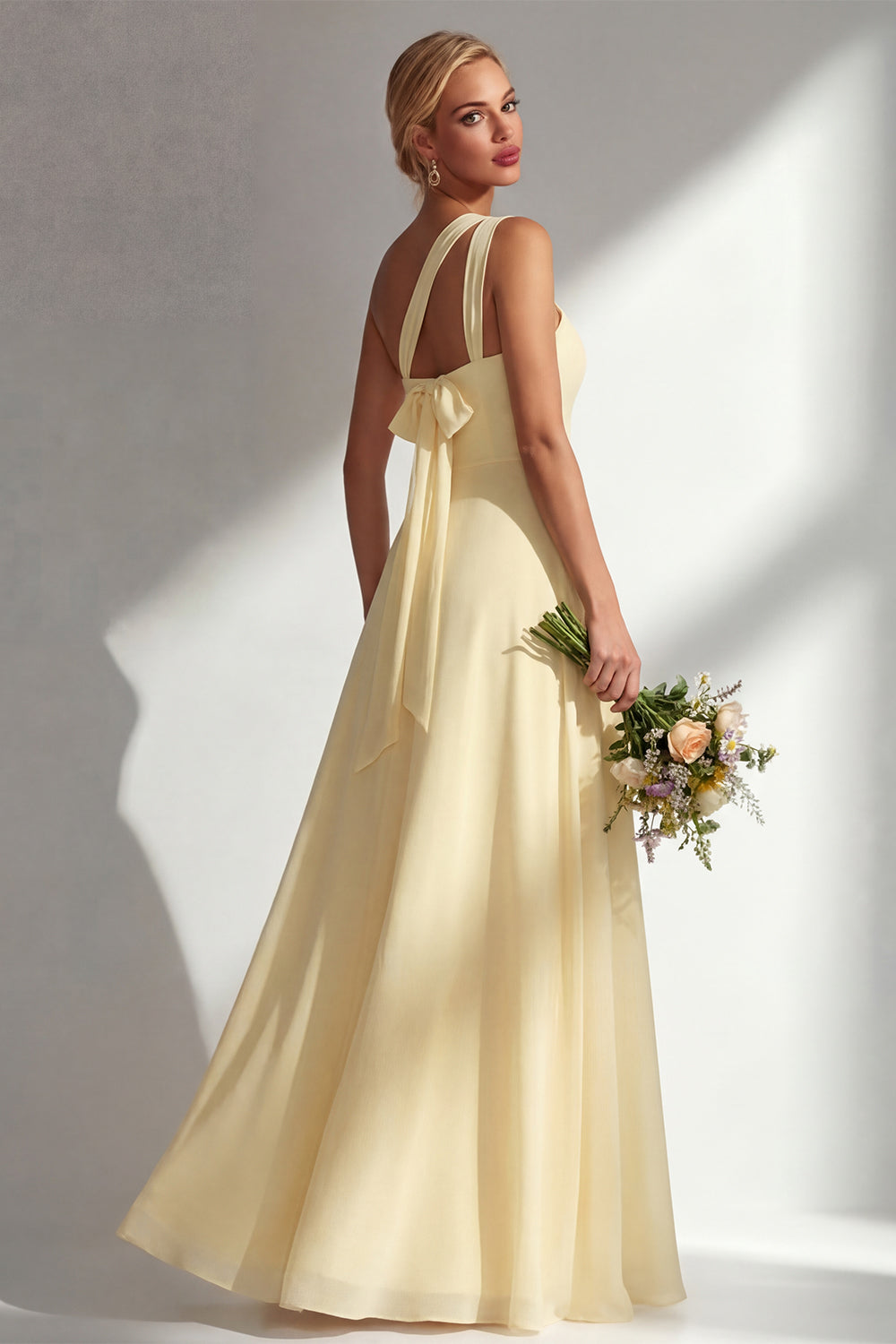 Yellow Chiffon Ruched A Line Convertible Wear Backless Long Bridesmaid Dress