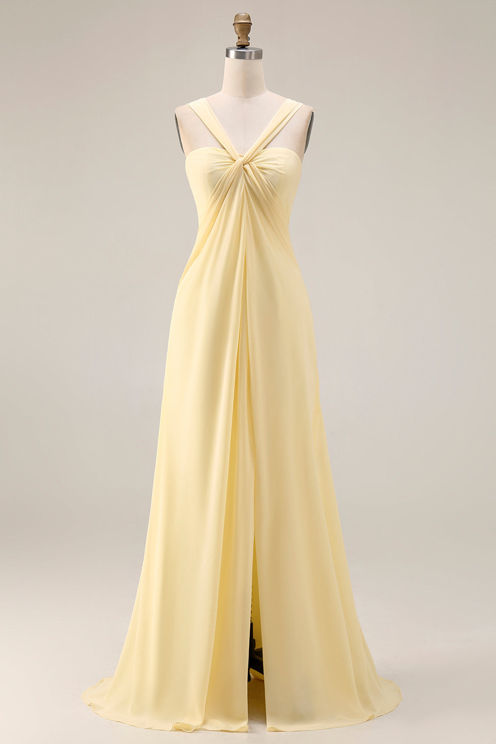 Yellow Chiffon Ruched A Line Convertible Wear Backless Long Bridesmaid Dress