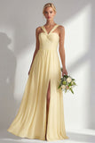 Yellow Chiffon Ruched A Line Convertible Wear Backless Long Bridesmaid Dress