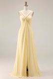 Yellow Chiffon Ruched A Line Convertible Wear Backless Long Bridesmaid Dress