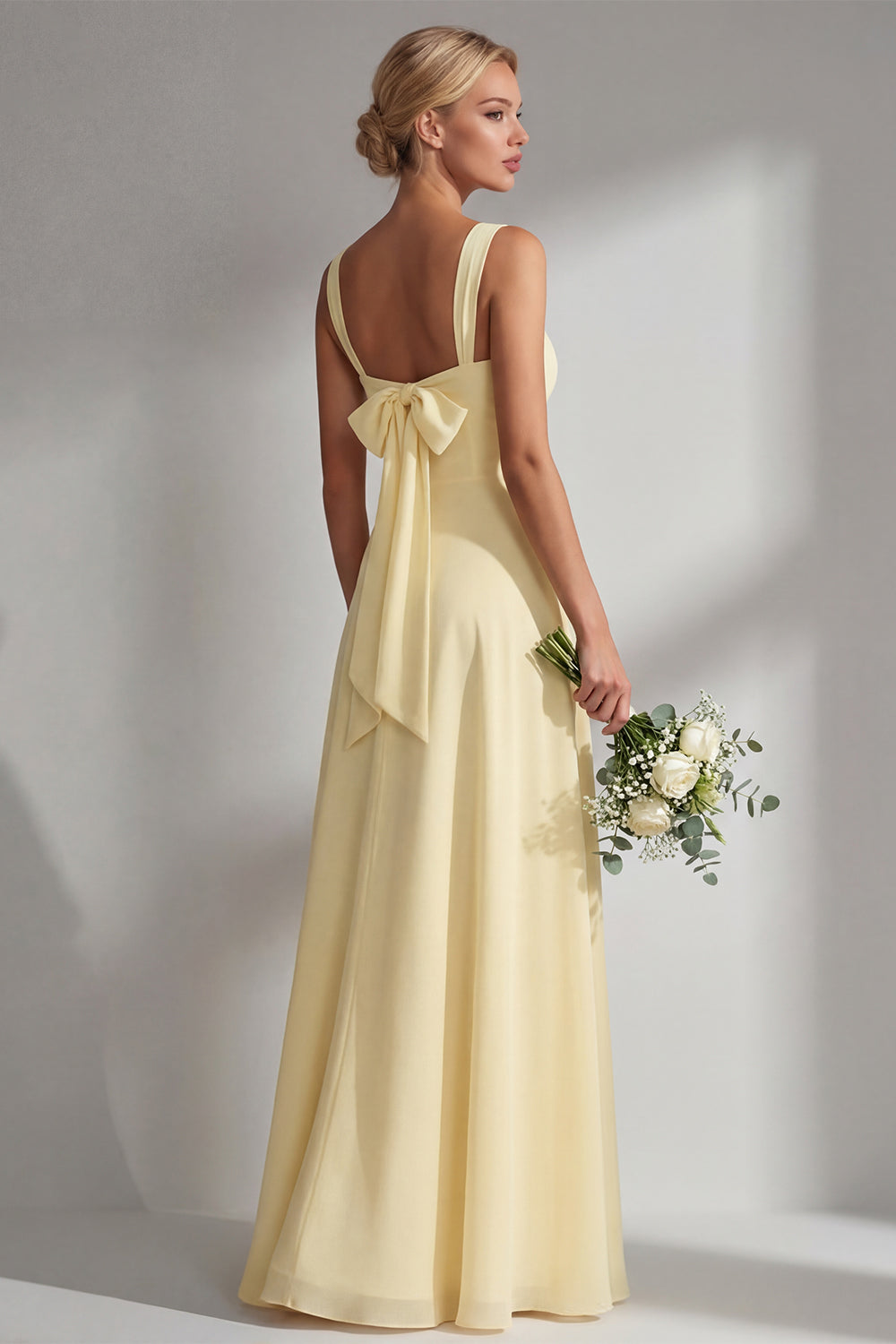 Yellow Chiffon Ruched A Line Convertible Wear Backless Long Bridesmaid Dress