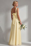 Yellow Chiffon Ruched A Line Convertible Wear Backless Long Bridesmaid Dress