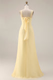Yellow Chiffon Ruched A Line Convertible Wear Backless Long Bridesmaid Dress