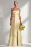 Yellow Chiffon Ruched A Line Convertible Wear Backless Long Bridesmaid Dress