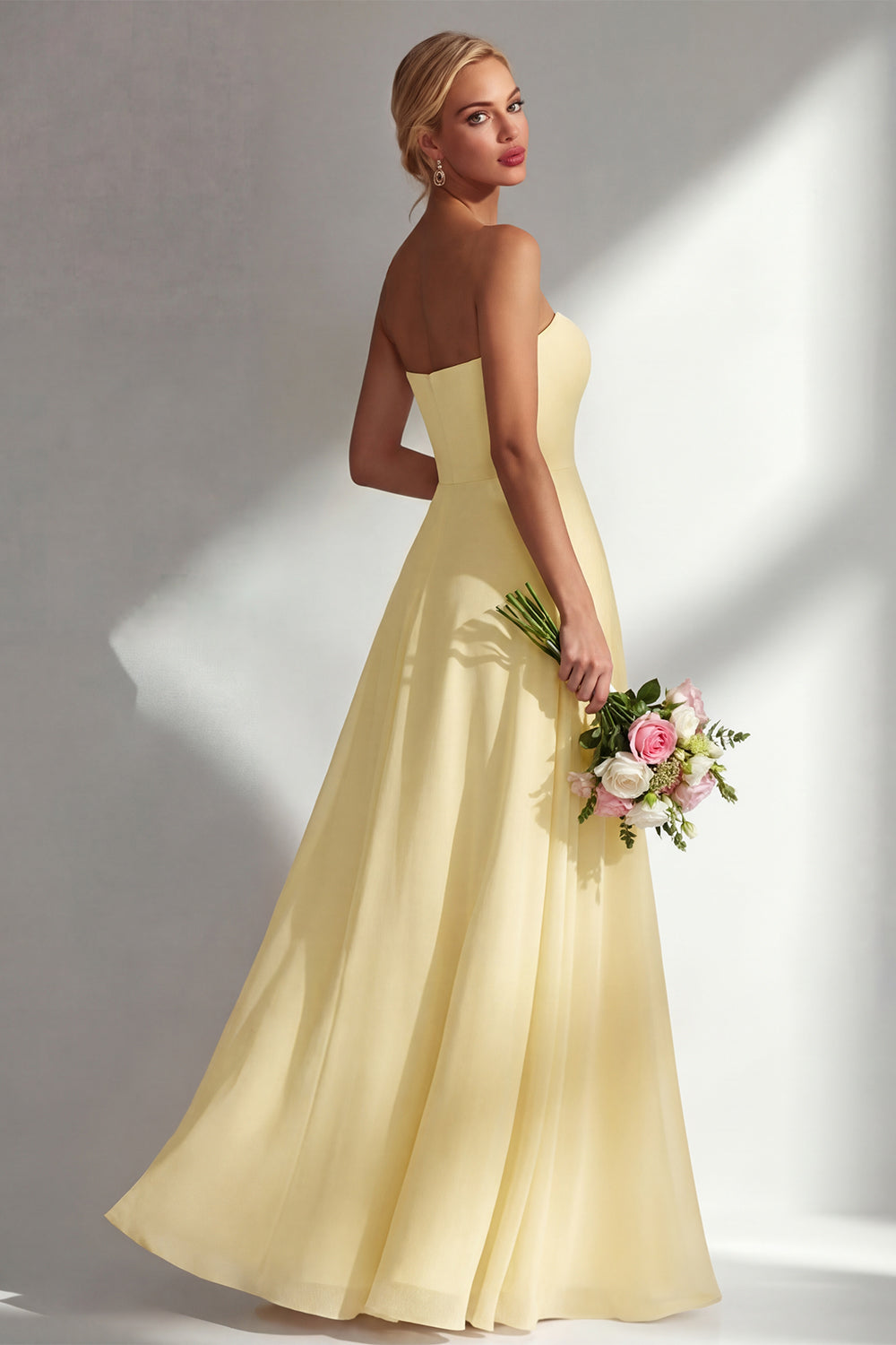 Yellow Chiffon Ruched A Line Convertible Wear Backless Long Bridesmaid Dress