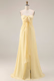 Yellow Chiffon Ruched A Line Convertible Wear Backless Long Bridesmaid Dress
